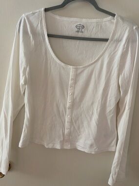 Scoop White Ribbed Long-Sleeve Button-Front Tee